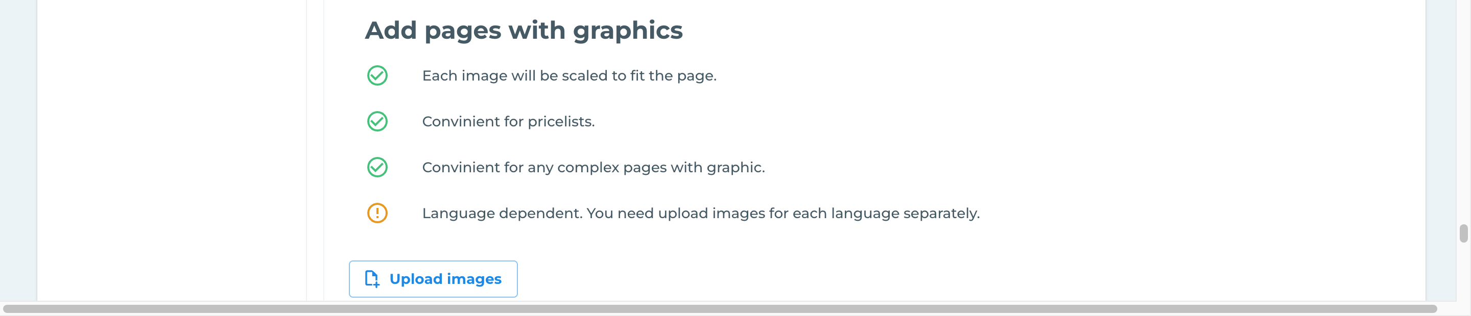 The Add pages with graphics panel shows the rules and the Upload images button.