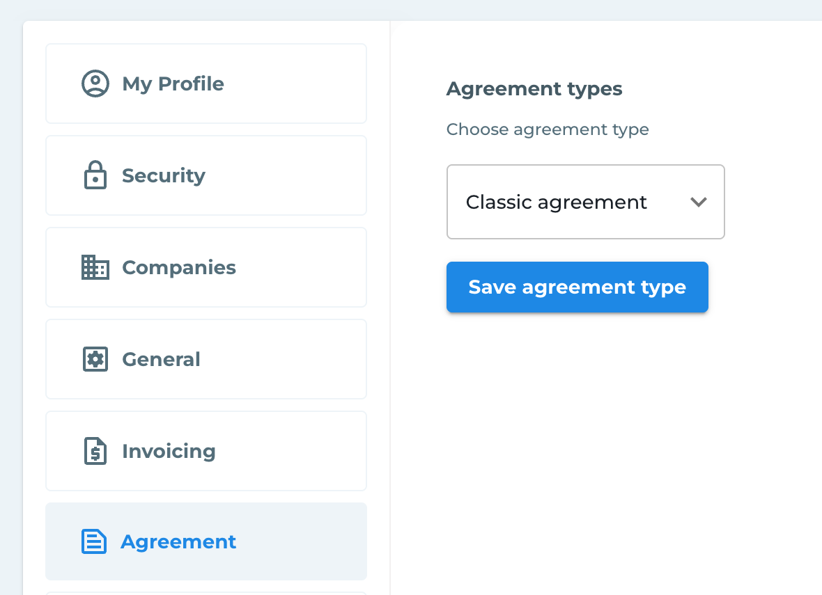 The Agreement tab shows the agreement type selector and the Save agreement type button.