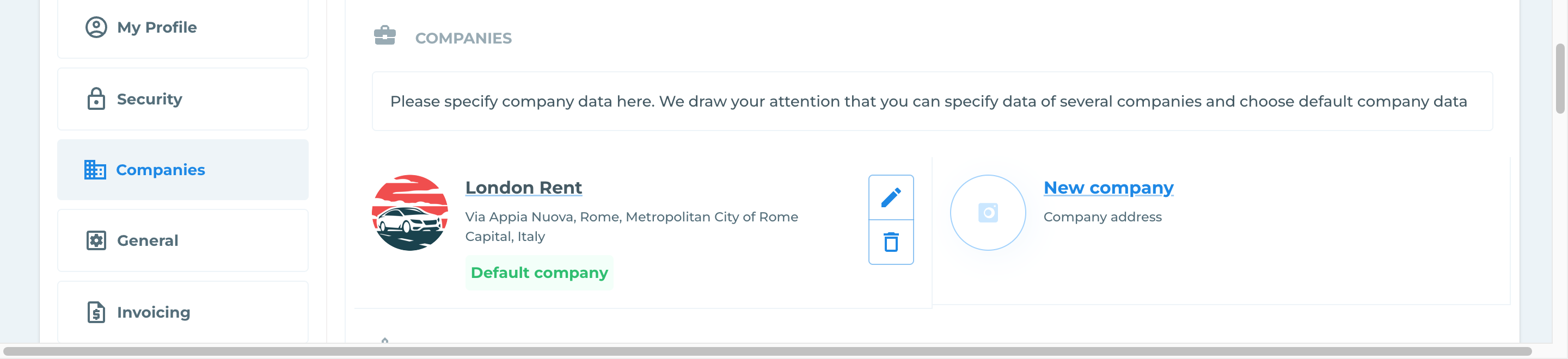 The Companies tab shows each company with its logo, its address and the pencil icon.
