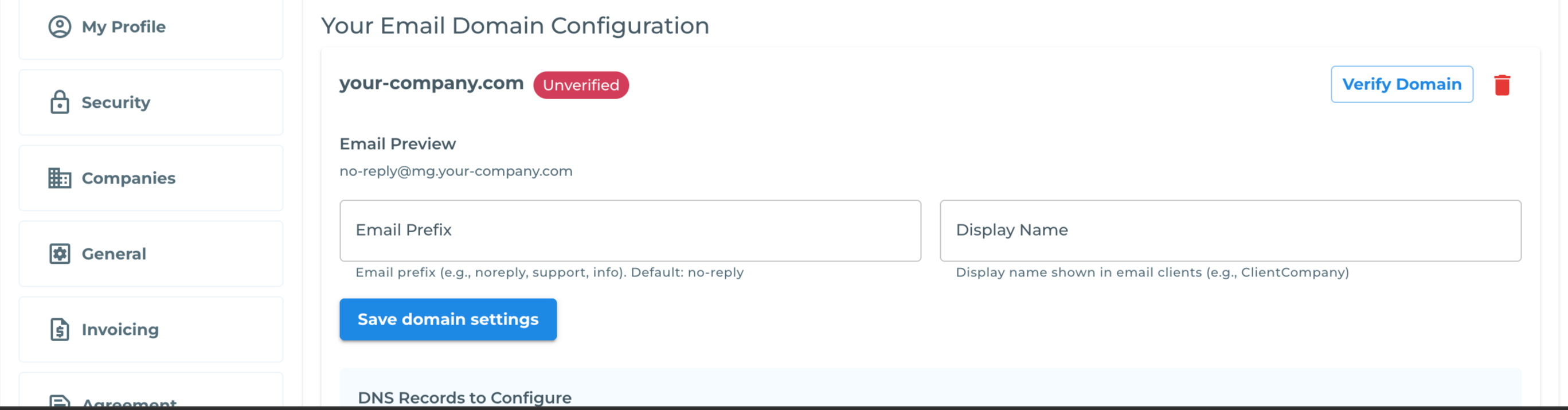 The domain configuration shows the domain status, the Verify Domain button, the Email Preview, the Email Prefix field and the Display Name field.