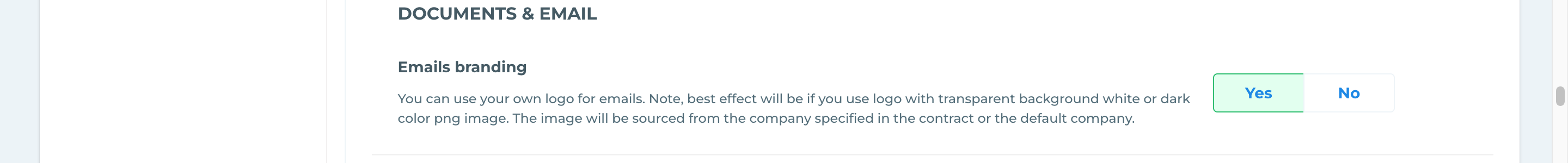 The Documents & Email section shows the Emails branding setting with the Yes and No buttons.