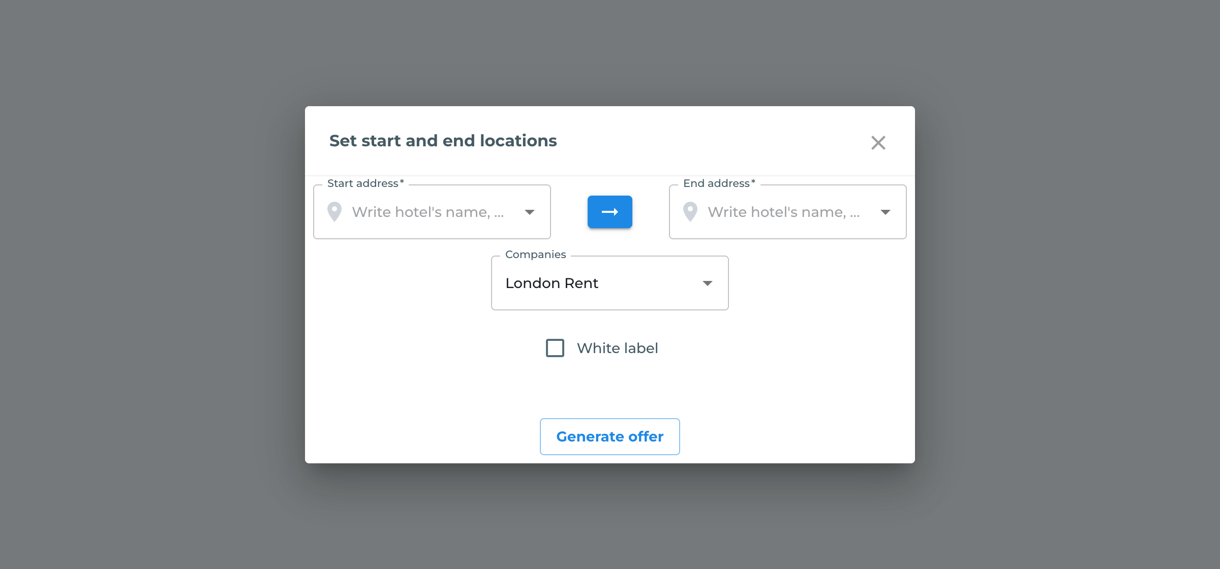 The Set start and end locations dialog shows the White label checkbox and the Generate offer button.